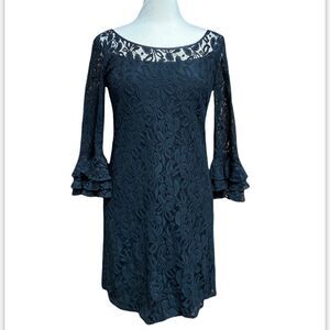 Kelly & Diane Black Lace Overlay 3/4 Ruffle Sleeve Dress